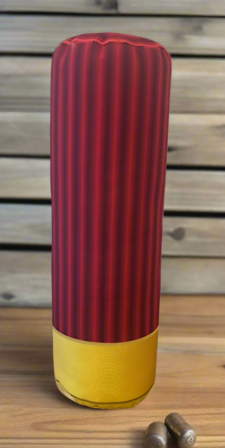 Red Shotgun Shell 12GA Pillow. Great Hunter gift. Tubular red shell with gold yellow end