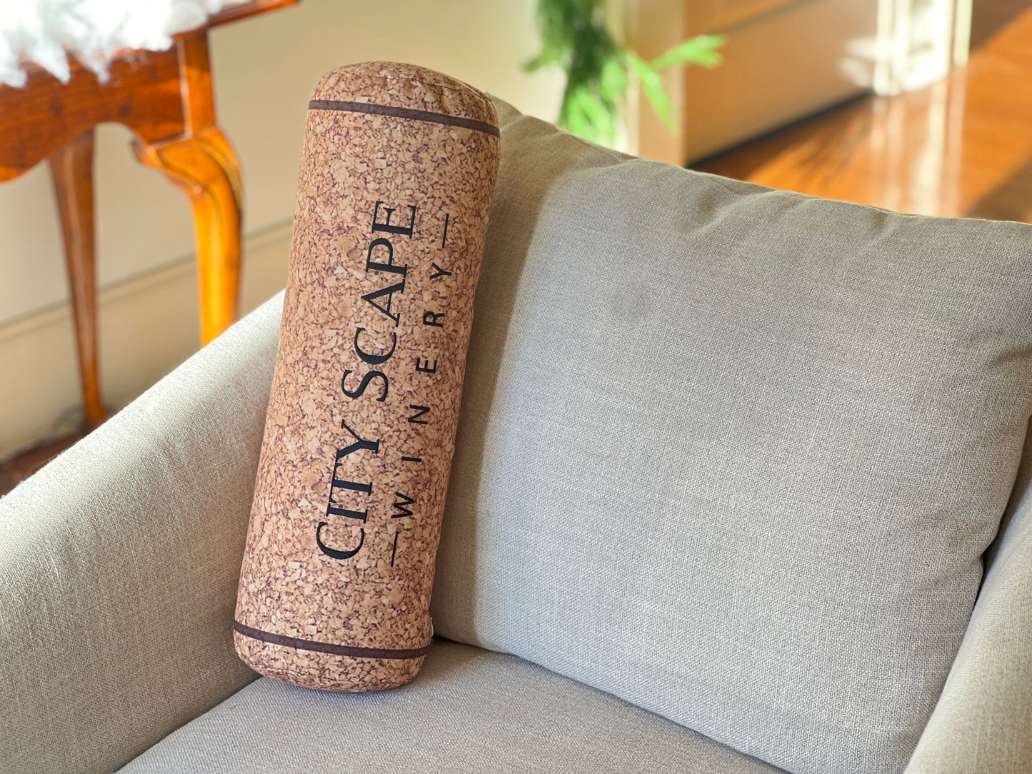 Fun quirky custom embroidery wine cork shape pillow. Great for the wine enthusiast