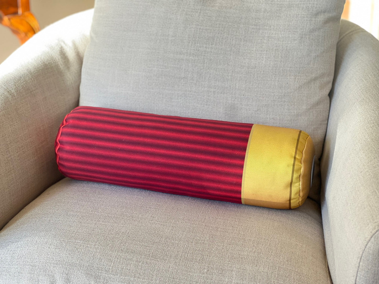 Red Shotgun shell pillow. Shaped like a real shotgun shell. Great gift for any hunter