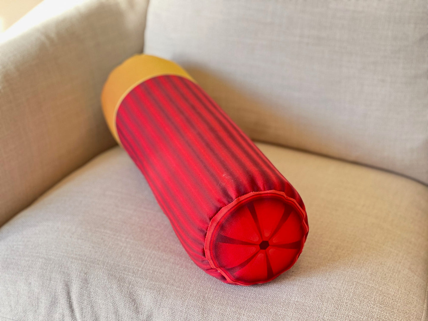 Red Shotgun shell pillow. Shaped like a real shotgun shell. Great gift for any hunter