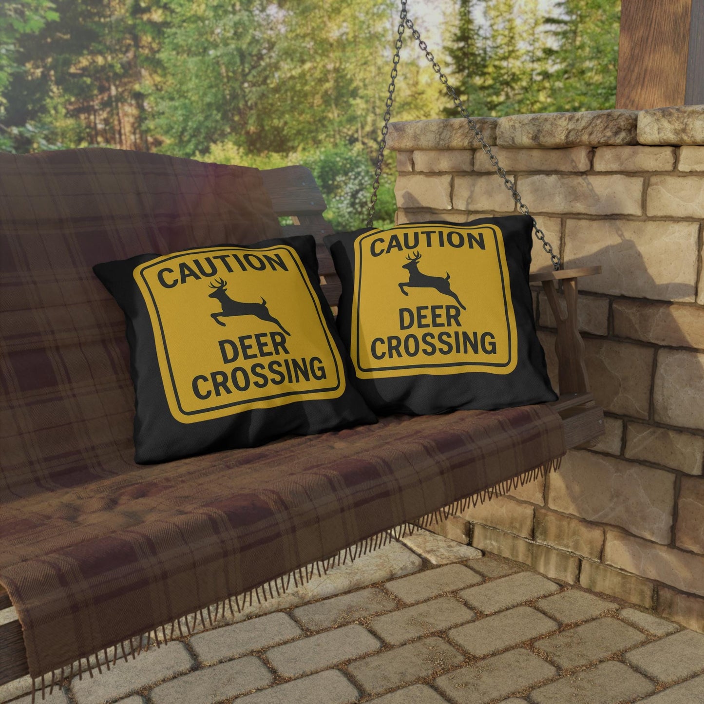Outdoor Pillows - Deer Crossing Sign Throw Pillow for Hunting Lodge or Cabin, Wildlife Decor, Rustic Home Accent, Forest Theme Cushion,
