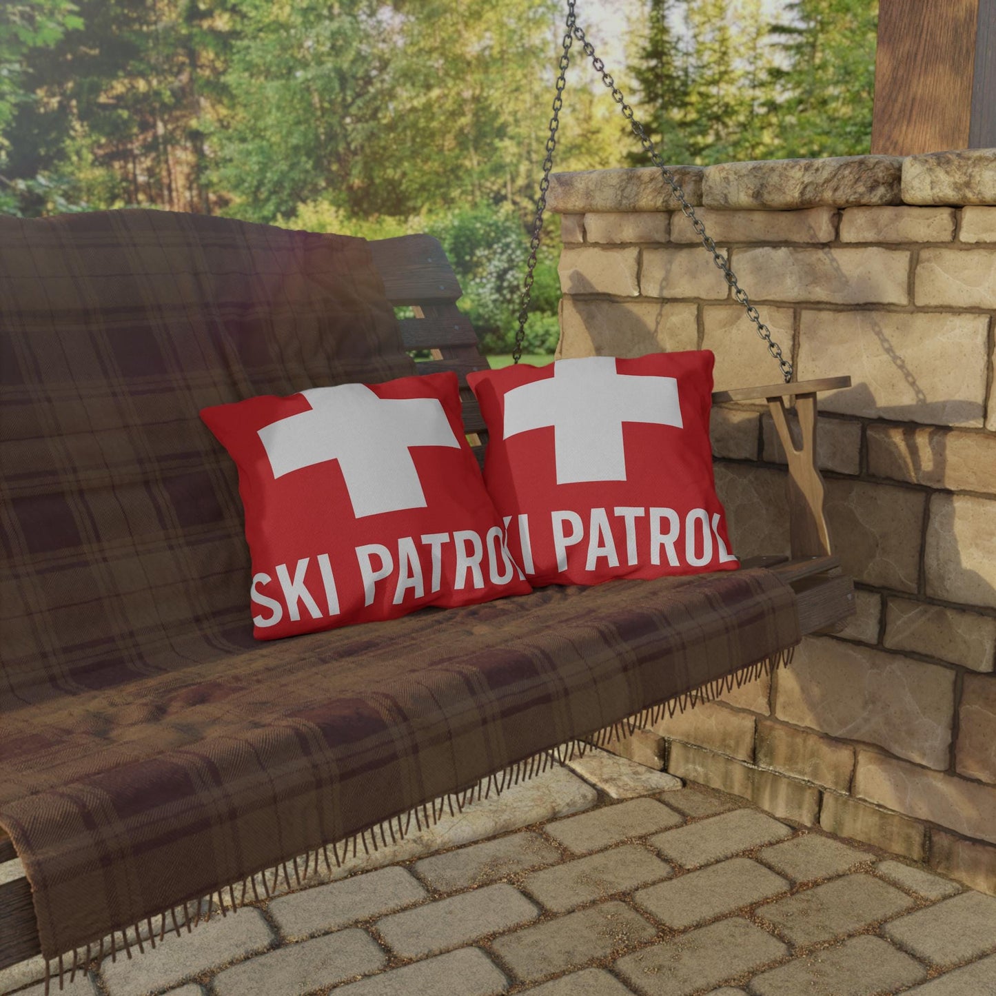 Outdoor Pillows, Ski Patrol Flag Decorative Pillow, Ski Lovers Home Accent, Mountain Cabin Pillow, Snow Sports Gift, Lodge Decor Cushion