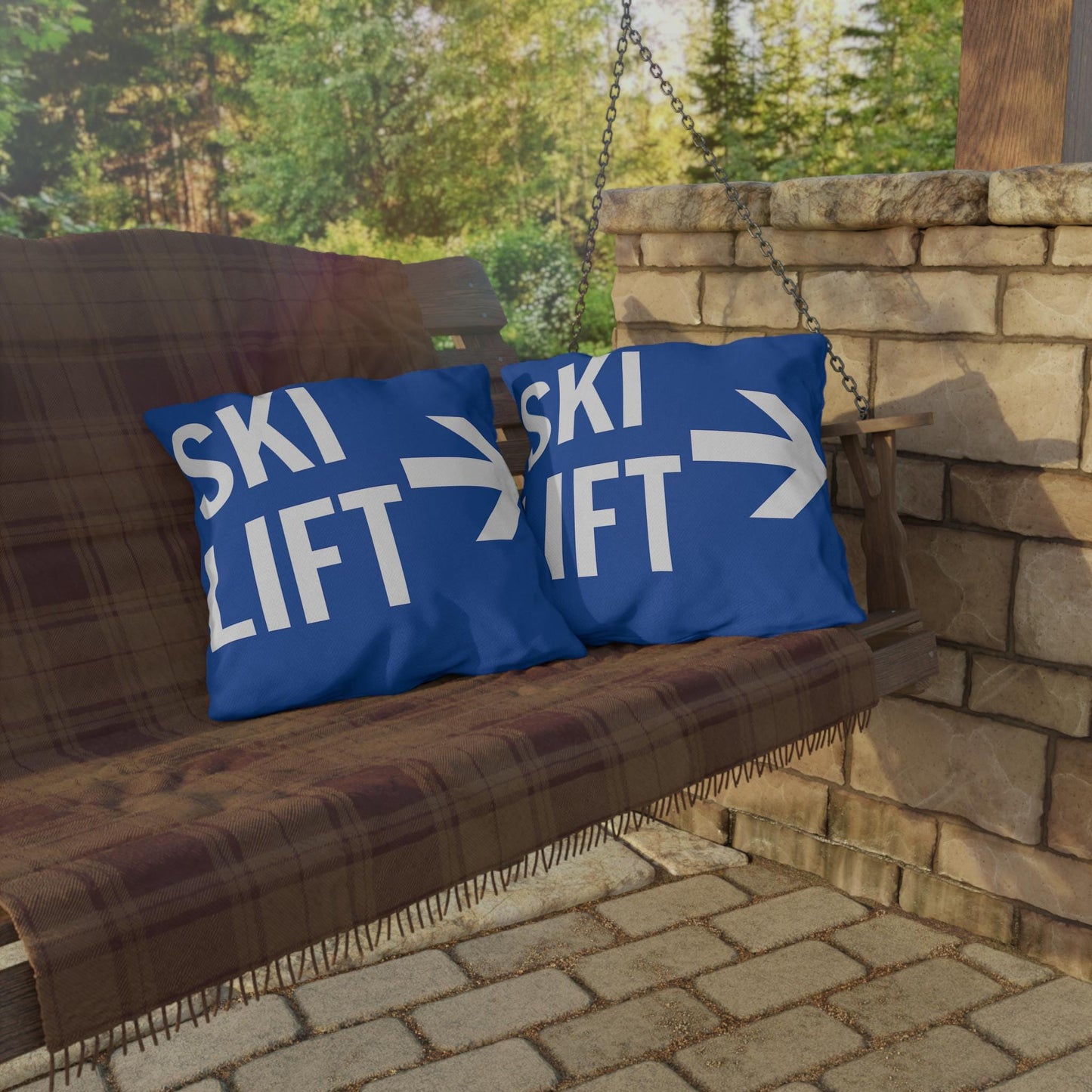 Fun Ski Lift sign Decorative Pillow, Ski Lovers Home Accent, Mountain Cabin Pillow, Snow Sports Gift, Lodge Decor Cushion