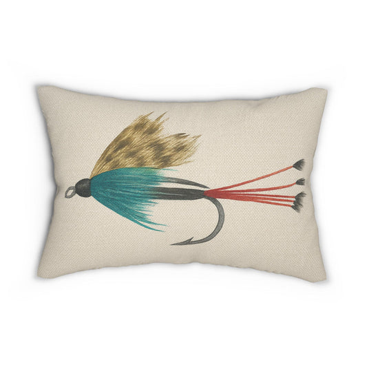 Spun Polyester Pillow, Fly Fishing Lure Decor, Teal and Red Salmon Trout Pattern, Gift for Fisherman, Home Decor, Throw Cushion Cover,