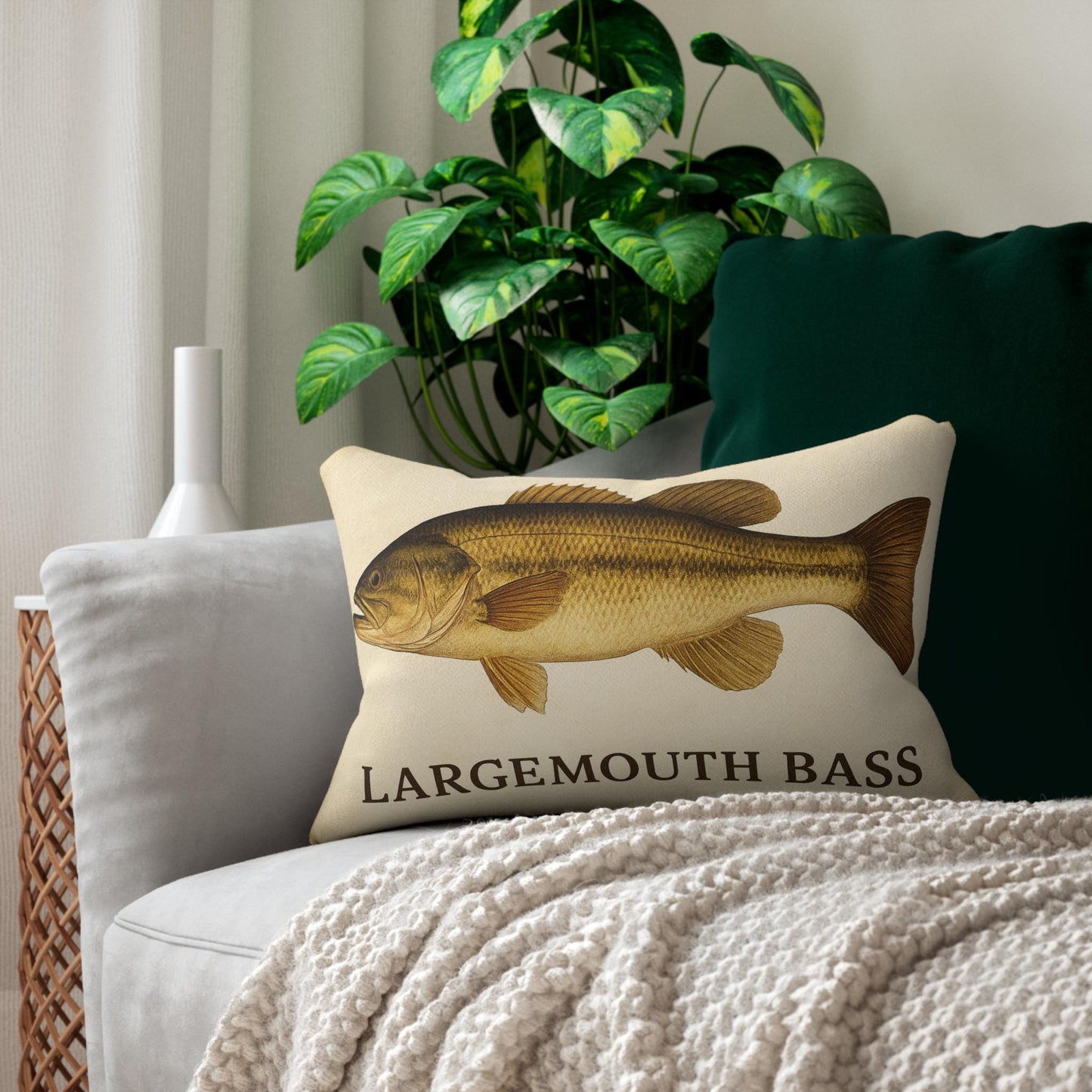 Lumbar Pillow, Freshwater Largemouth Bass Decor, Lake House Pillow, Fisherman Gift, Fishing Theme Pillow, Lake Theme Decor, Spun Polyester