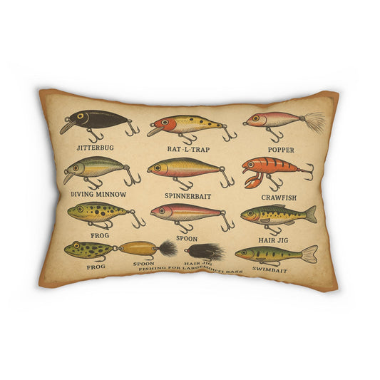 Fishing Lures Lumbar Pillow, Bass Lovers Home Decor, Spun Polyester Cushion, Outdoor Fishing Gift, Man Cave Pillow