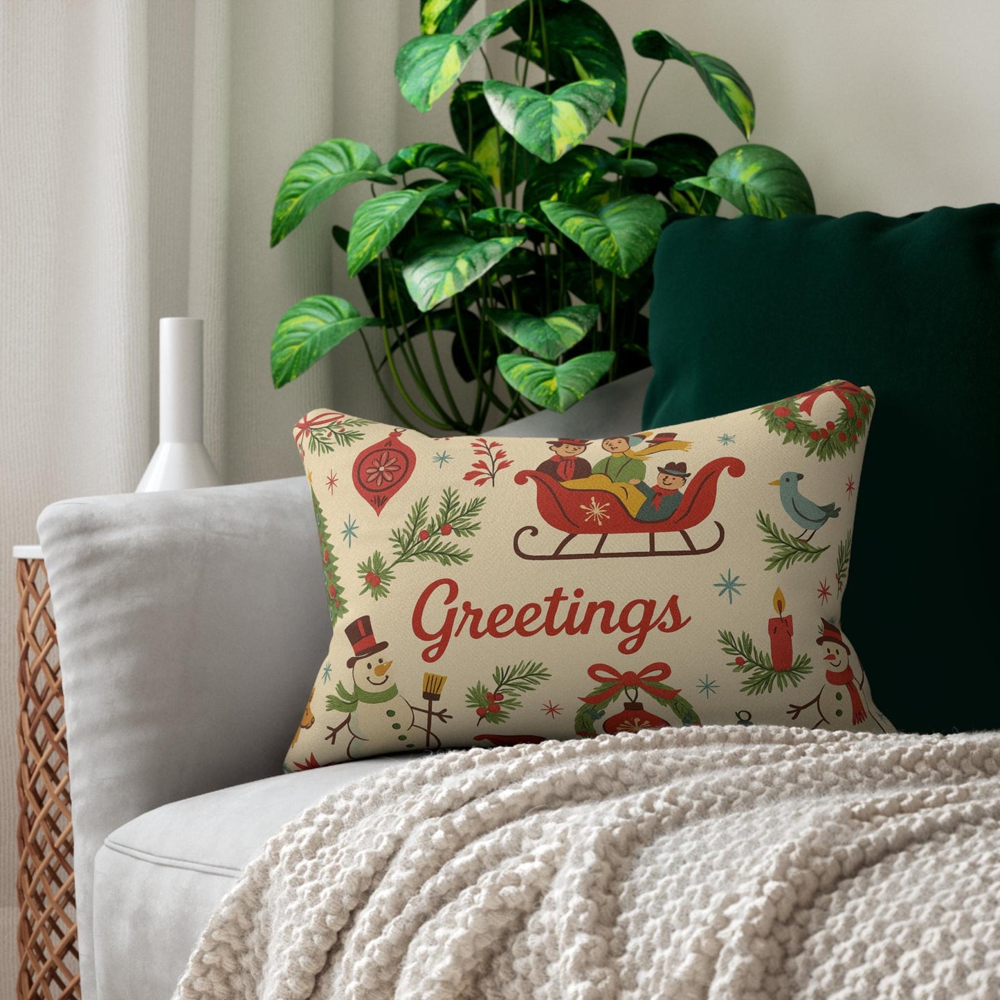 Vintage Greetings Merry Christmas Lumbar Pillow, Holiday Decor, Festive Throw Pillow, Seasonal Home Accent, Christmas Gift Idea