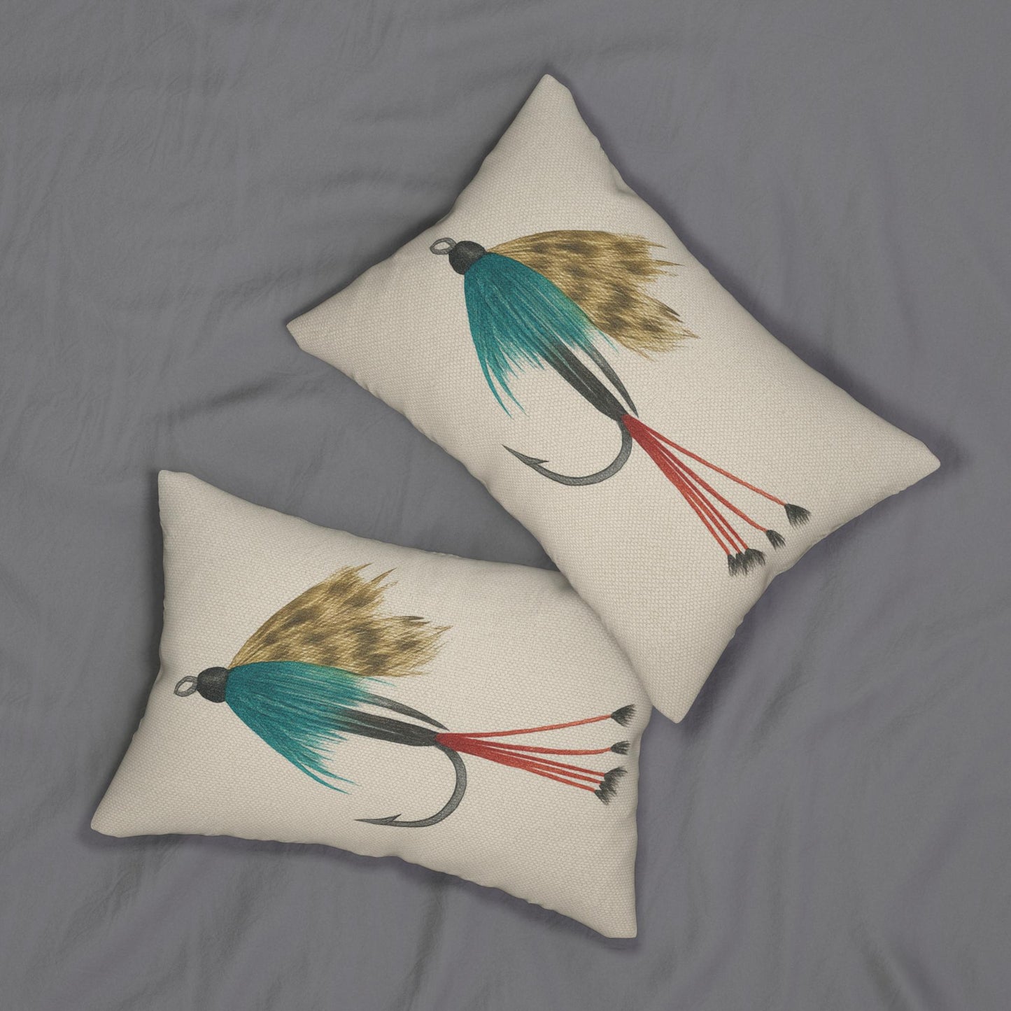 Spun Polyester Pillow, Fly Fishing Lure Decor, Teal and Red Salmon Trout Pattern, Gift for Fisherman, Home Decor, Throw Cushion Cover,