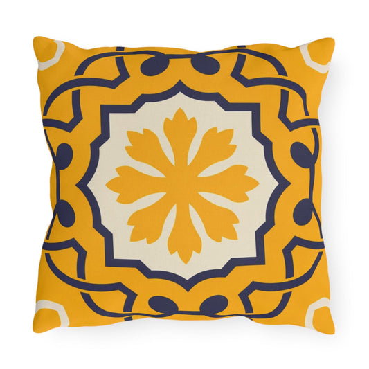 Yellow Mediterranean Tile Outdoor Pillow | Sunflower Geometric Pattern