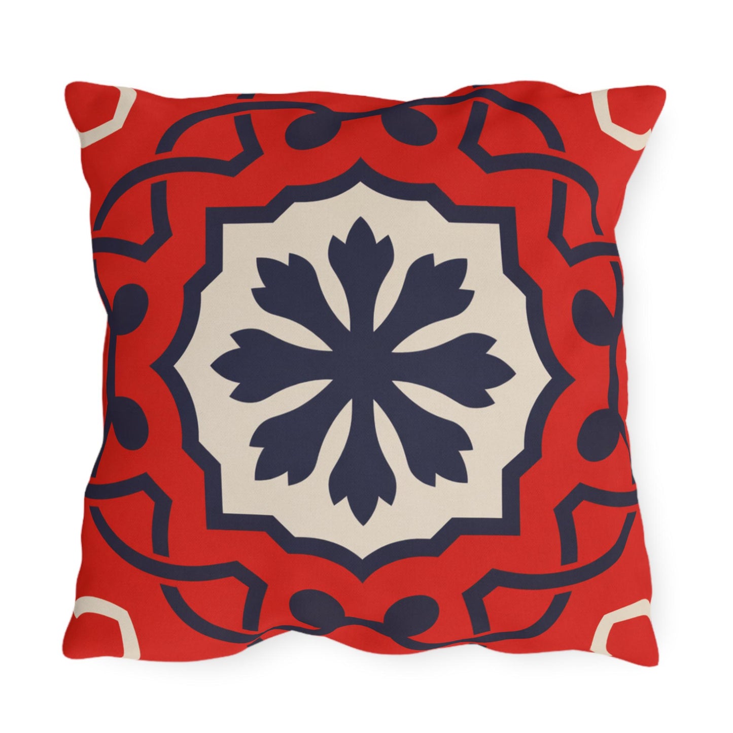 Red Mediterranean Tile Outdoor Pillow | Sunflower Geometric Pattern