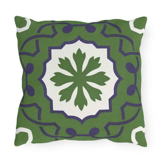 Green Mediterranean Tile Outdoor Pillow | Sunflower Geometric Pattern
