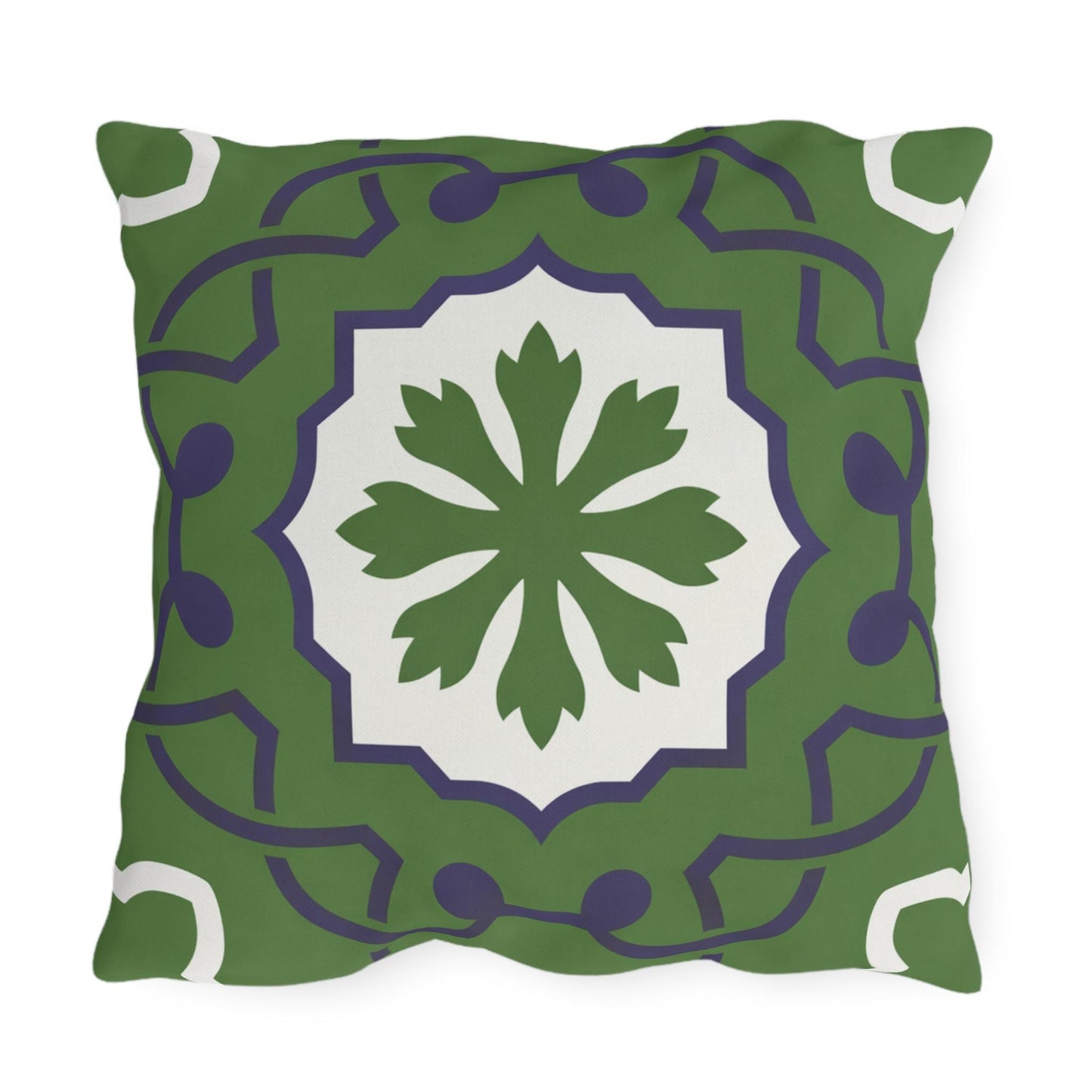Green Mediterranean Tile Outdoor Pillow | Sunflower Geometric Pattern