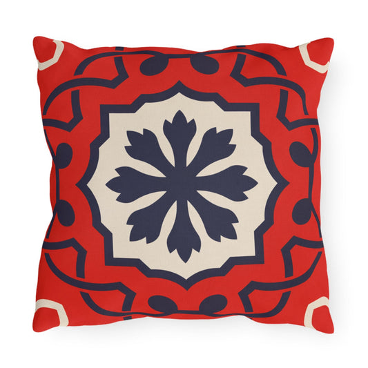 Red Mediterranean Tile Outdoor Pillow | Sunflower Geometric Pattern