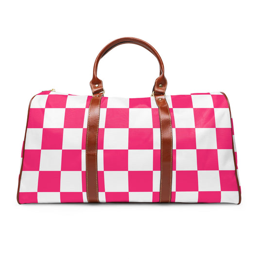 Pink Checkered Weekender Waterproof Travel Bag | Preppy Palm Beach Duffle