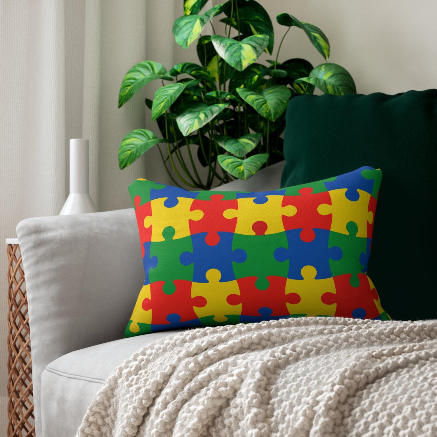 Autism Puzzle Piece Lumbar Pillow | Colorful Awareness Puzzle Pattern