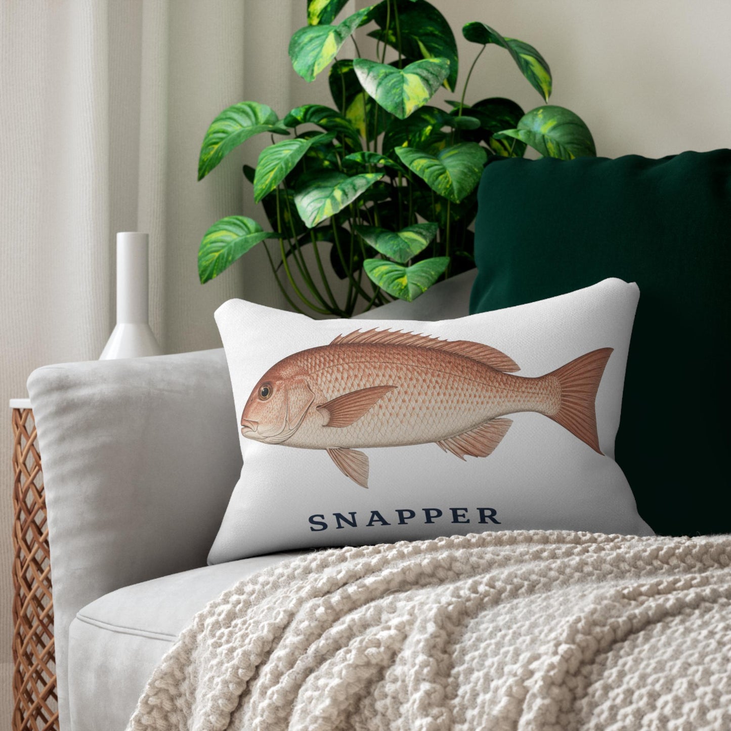 Snapper Fish Lumbar Pillow 14x20, Coastal Fishing Decor