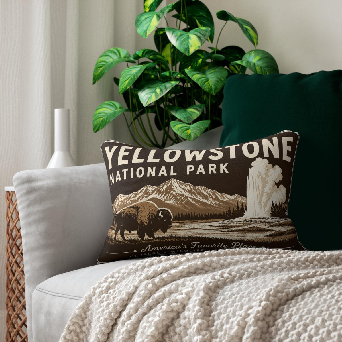 Yellowstone National Park Reversible 14x20 Lumbar Pillow | Vintage Park Sign, Rustic Cabin Lodge Decor