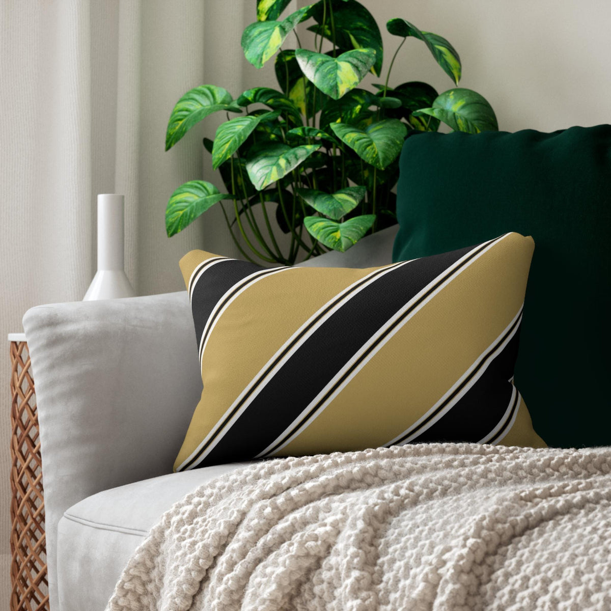 Diagonal Black and Gold Stripe Lumbar Pillow | Modern Geometric Throw Pillow