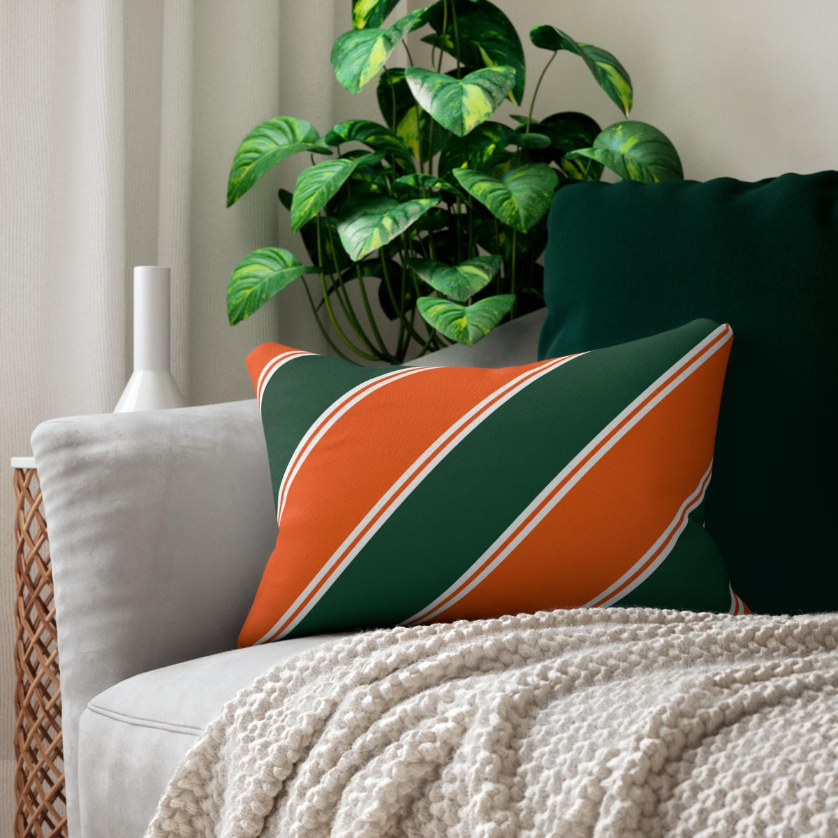 Diagonal Orange and Green Stripe Lumbar Pillow | Modern Stripe Decorative Pillow