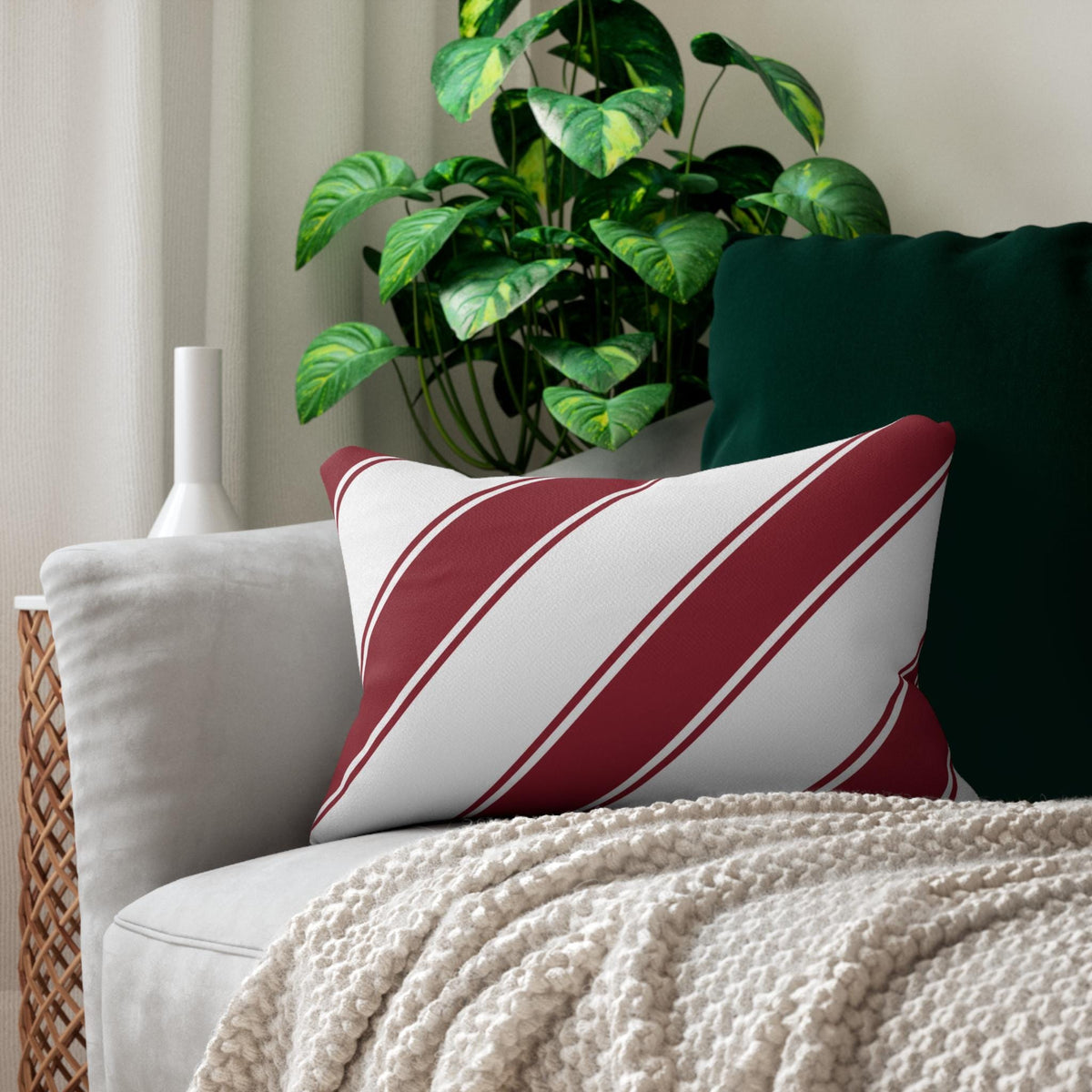 Diagonal Burgundy Striped Lumbar Pillow | Spun Polyester
