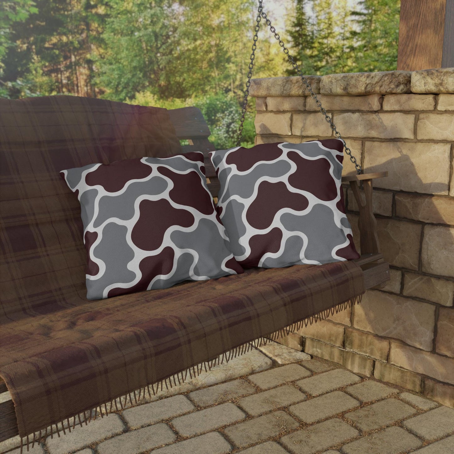 Maroon and Gray Abstract Camouflage Outdoor Pillow | Modern Patio Cushion