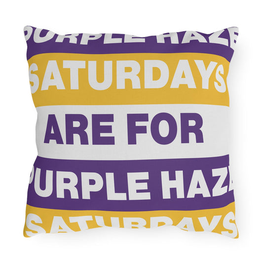 Saturdays Are For Purple Haze Outdoor Pillow | Bold Stripe Text Patio Cushion