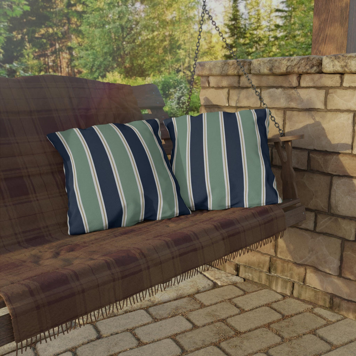 Navy and Sage Striped Pillows | Outdoor Pillow Cover, Coastal Patio Cushion
