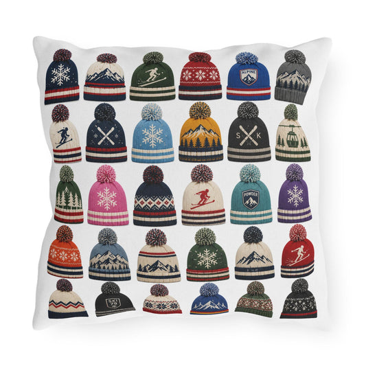 Beanie Pattern Outdoor Pillow | Ski Hat Icons, Winter Lodge Decor