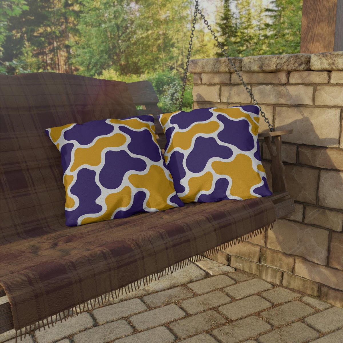 Abstract Purple and Gold Camo Outdoor Pillow | Modern Organic Pattern