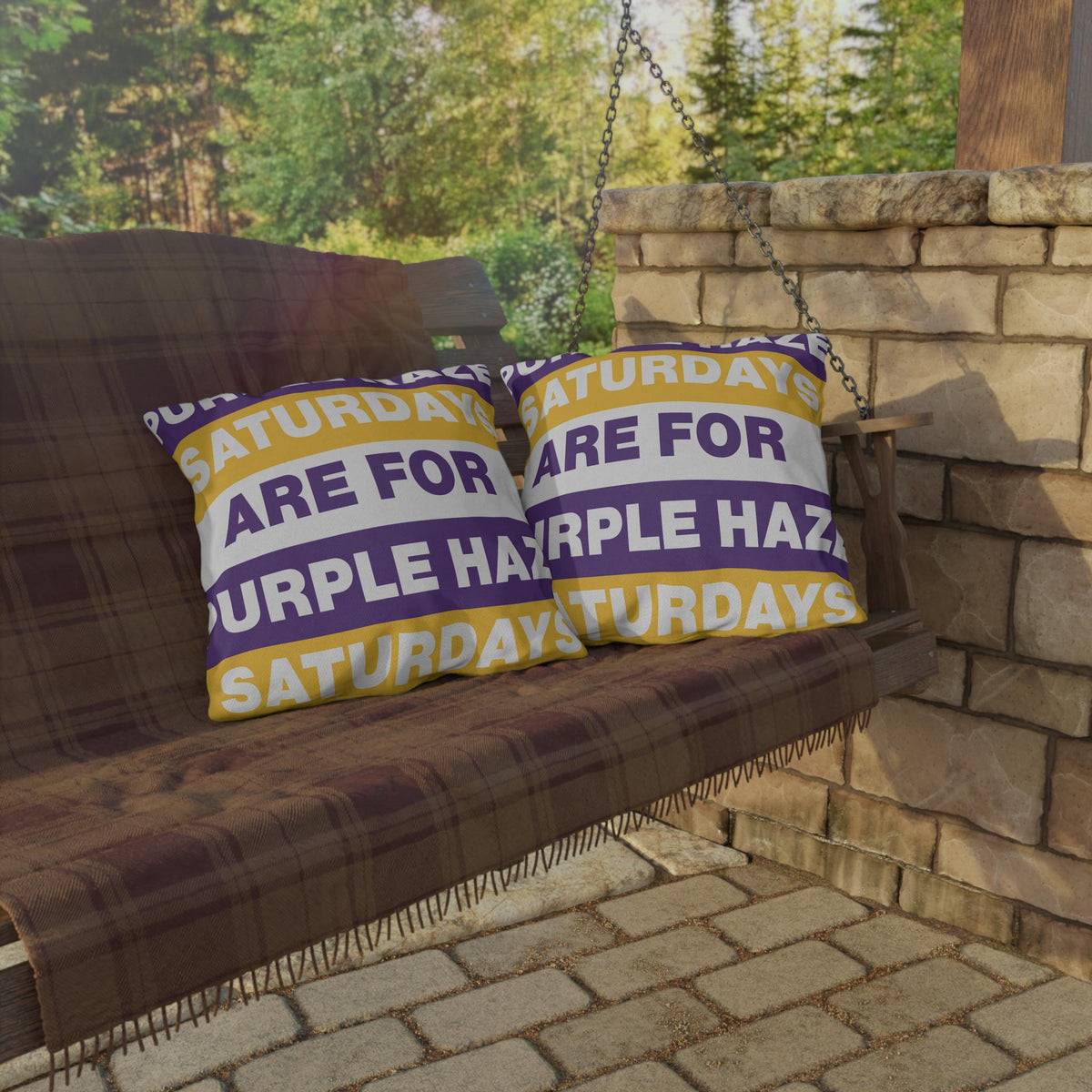 Saturdays Are For Purple Haze Outdoor Pillow | Bold Stripe Text Patio Cushion
