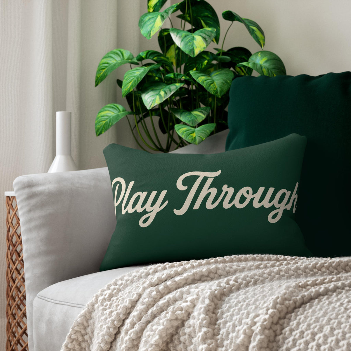 Play Through lumbar pillow | script typography on green