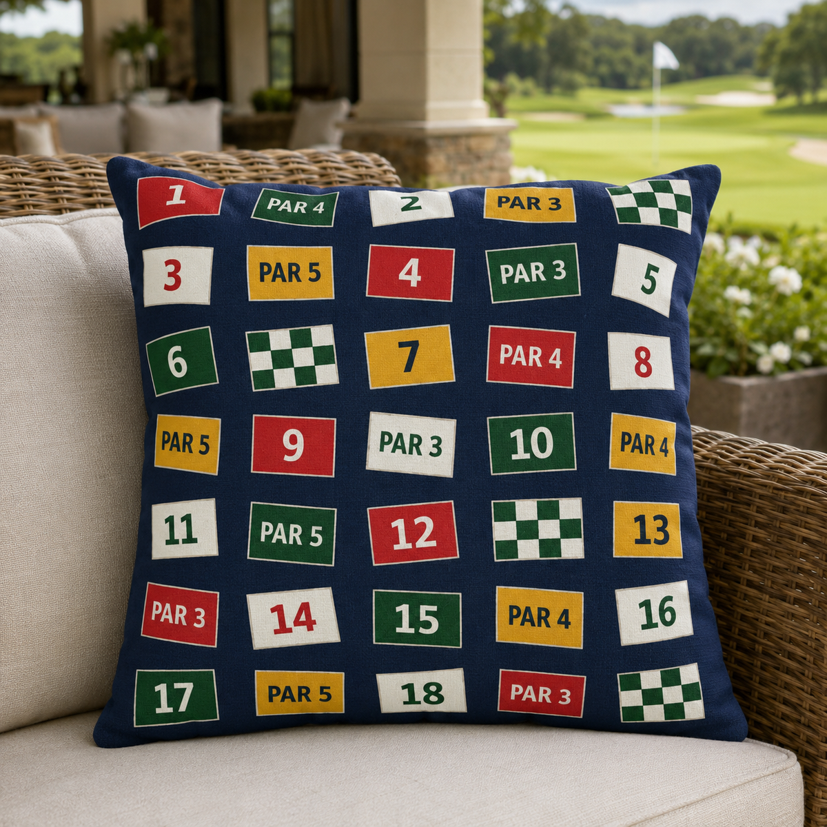 Golf Course Hole Markers Outdoor Pillow | Par 3 Par 4 Par 5 Pattern