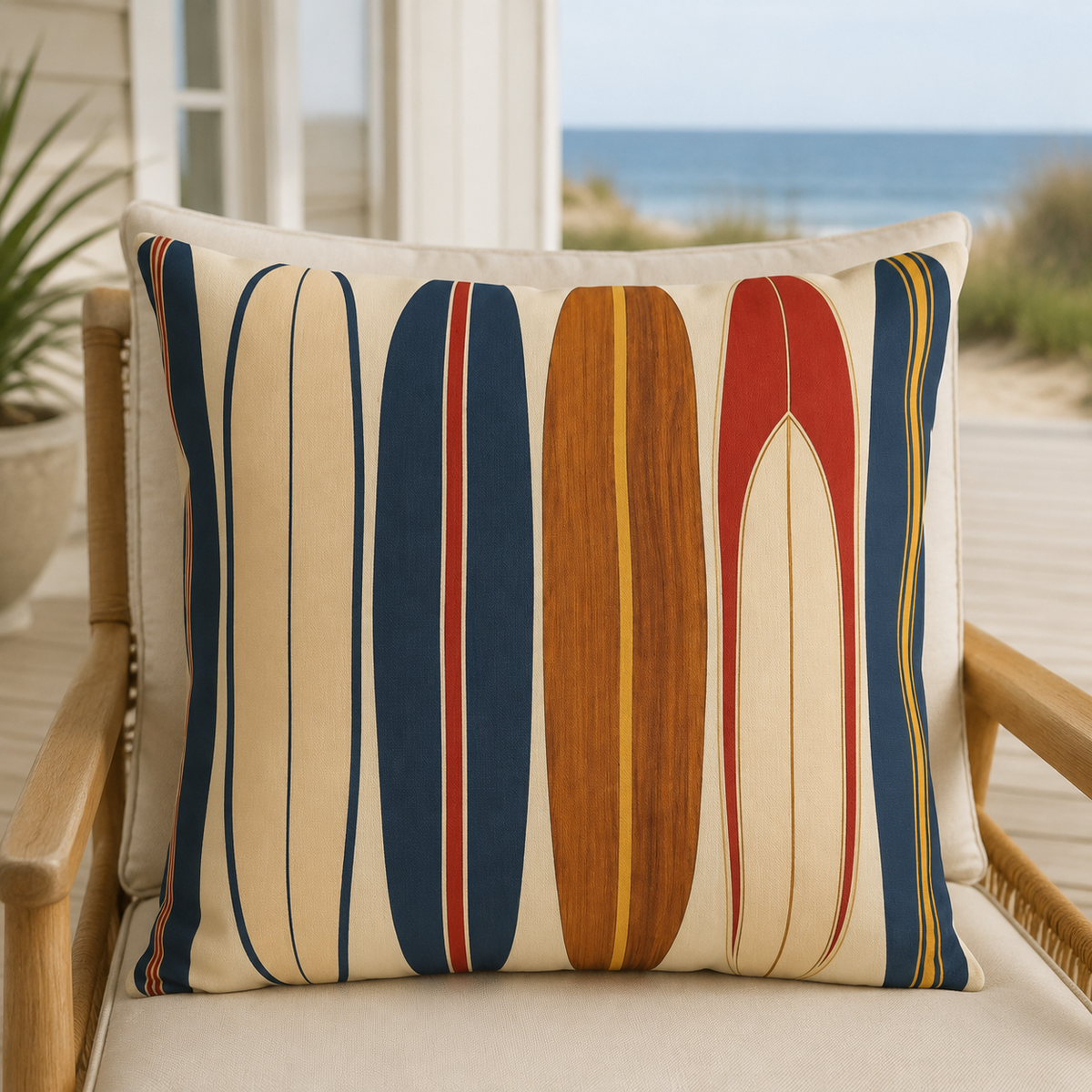 Retro Surfboard Pattern Outdoor Pillow | Coastal Beach Throw Cushion