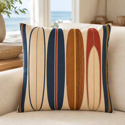 Retro Surfboard Pattern Outdoor Pillow | Coastal Beach Throw Cushion