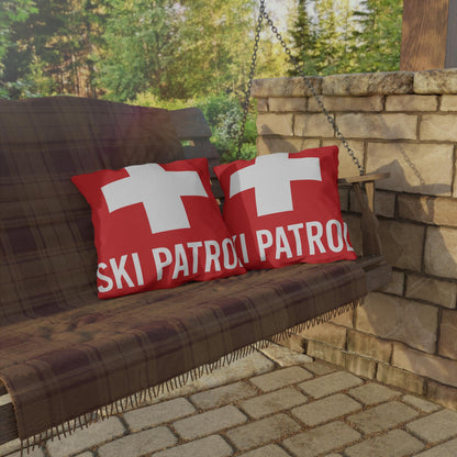 Outdoor Pillows, Ski Patrol Flag Decorative Pillow, Ski Lovers Home Accent, Mountain Cabin Pillow, Snow Sports Gift, Lodge Decor Cushion