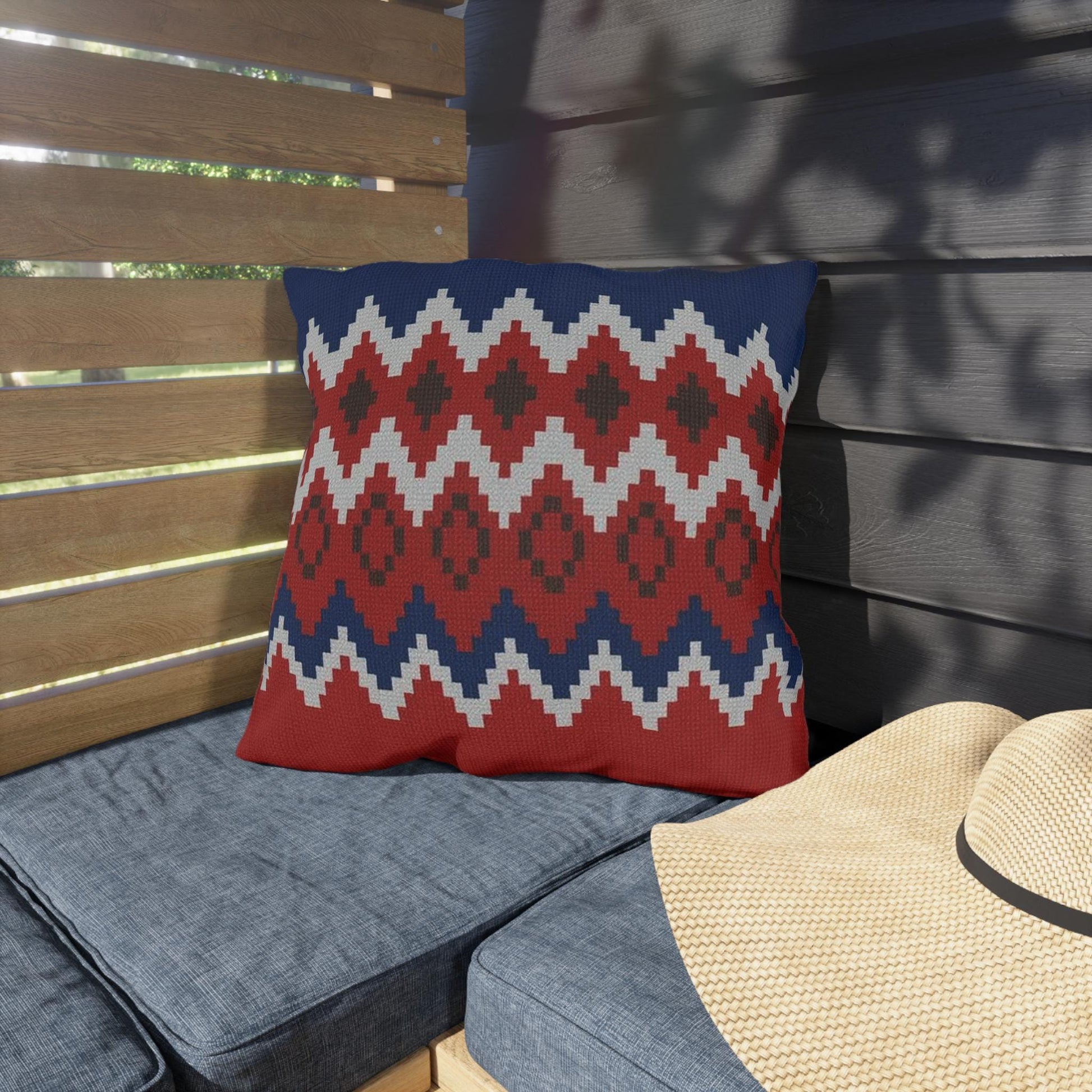 Ski Pattern Sweater Outdoor Pillow - Cabin Decor, Winter Home Accent, Lodge Cushion, Snow Lodge Throw Pillow, Mountain Theme Pillow Cover