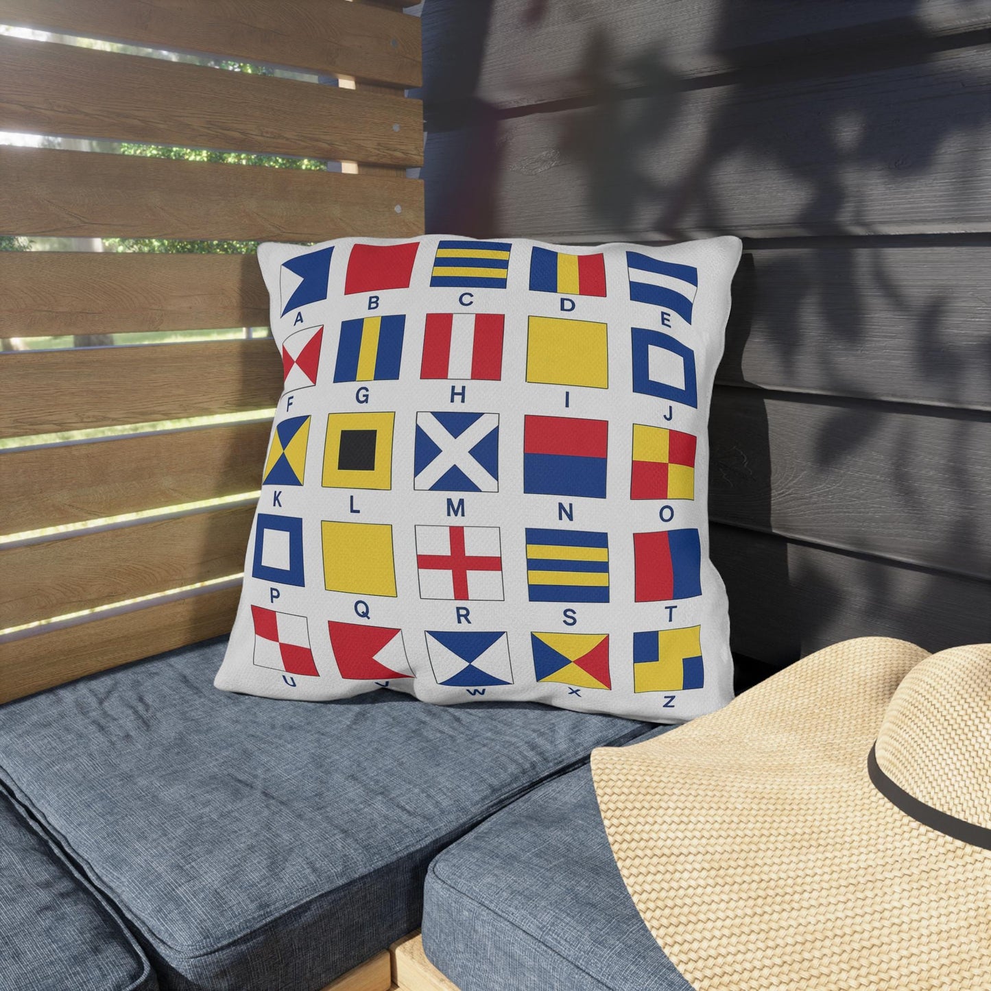 Nautical Flags Outdoor Pillow - Coastal Decor for Boat, Yacht - Beach House Patio Cushion, Ocean Theme Throw Pillow, Nautical Decorative