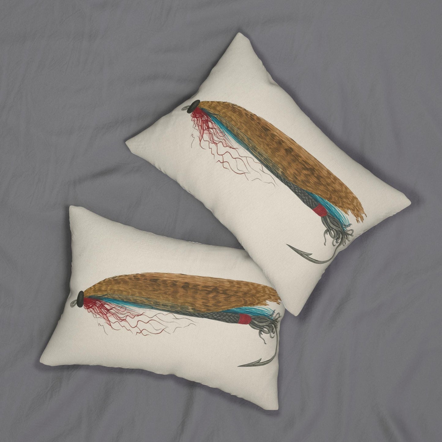 Fly Fishing Lure Lumbar Pillow, Cabin Decor, Trout Fisherman Gift, Creek Theme Cushion, Fishing Lover Present