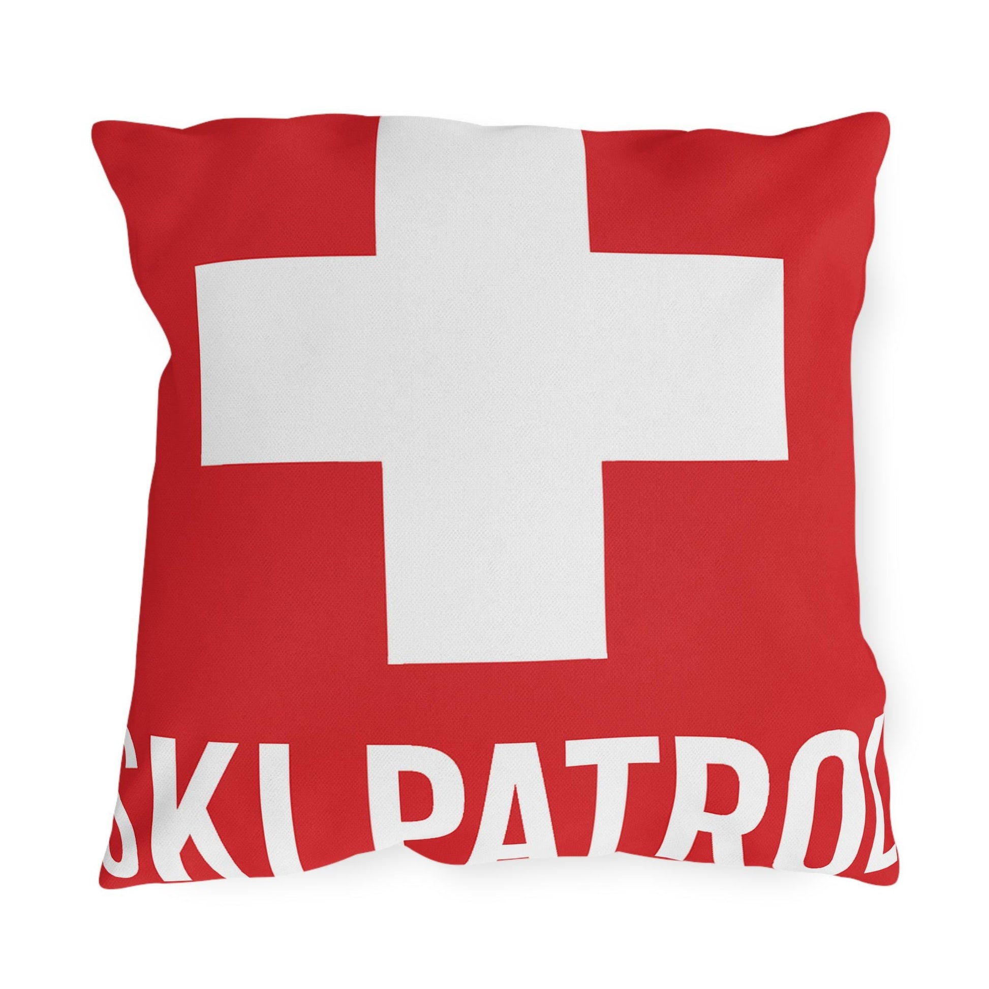 Outdoor Pillows, Ski Patrol Flag Decorative Pillow, Ski Lovers Home Accent, Mountain Cabin Pillow, Snow Sports Gift, Lodge Decor Cushion