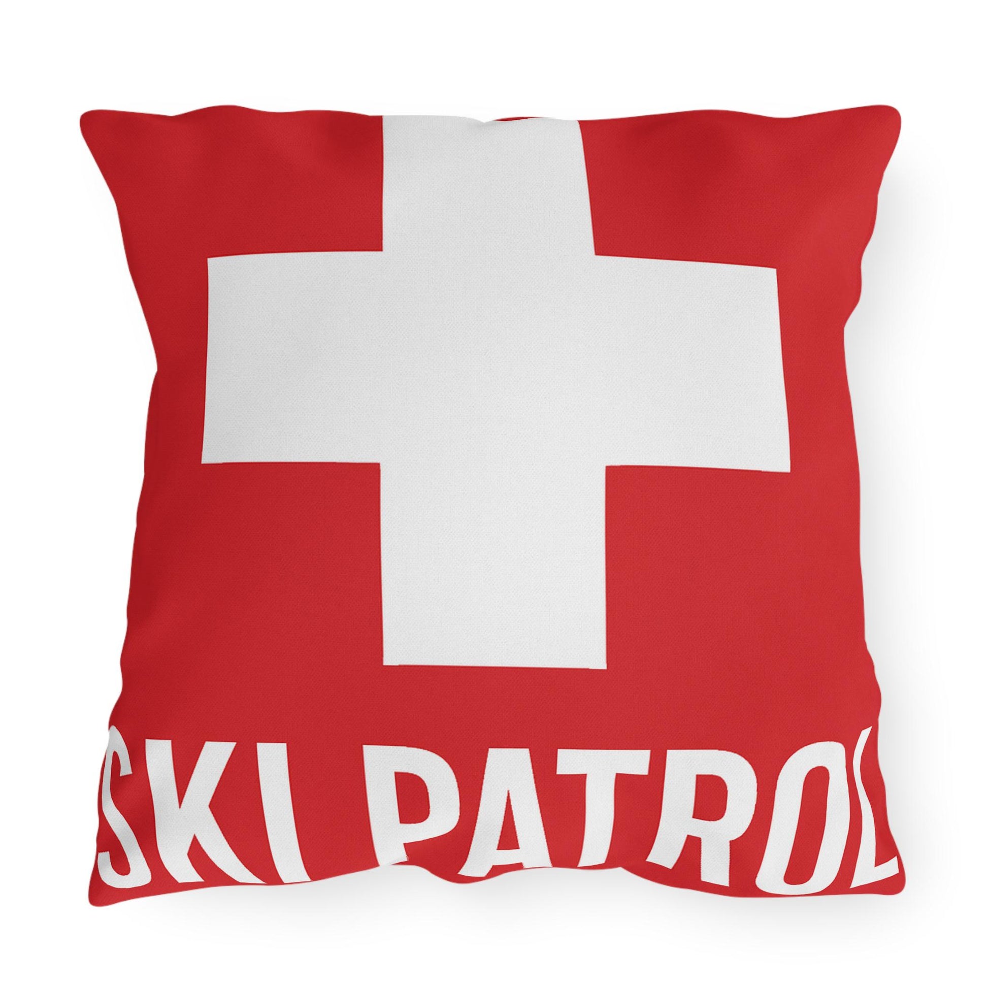 Outdoor Pillows, Ski Patrol Flag Decorative Pillow, Ski Lovers Home Accent, Mountain Cabin Pillow, Snow Sports Gift, Lodge Decor Cushion