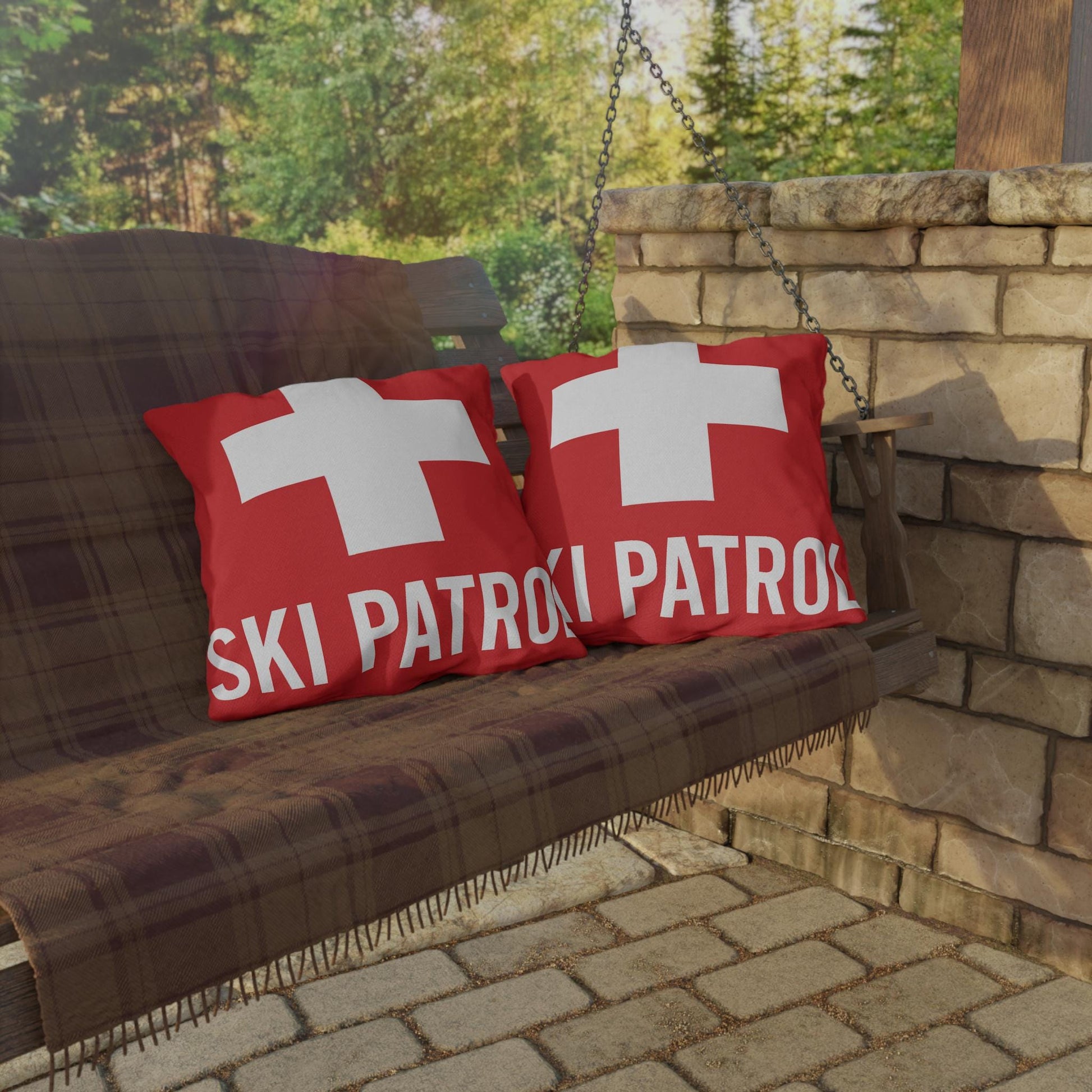 Outdoor Pillows, Ski Patrol Flag Decorative Pillow, Ski Lovers Home Accent, Mountain Cabin Pillow, Snow Sports Gift, Lodge Decor Cushion