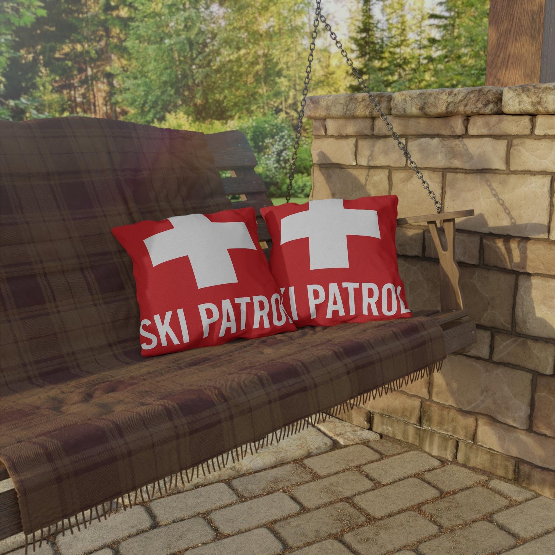 Outdoor Pillows, Ski Patrol Flag Decorative Pillow, Ski Lovers Home Accent, Mountain Cabin Pillow, Snow Sports Gift, Lodge Decor Cushion