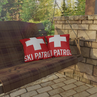 Outdoor Pillows, Ski Patrol Flag Decorative Pillow, Ski Lovers Home Accent, Mountain Cabin Pillow, Snow Sports Gift, Lodge Decor Cushion