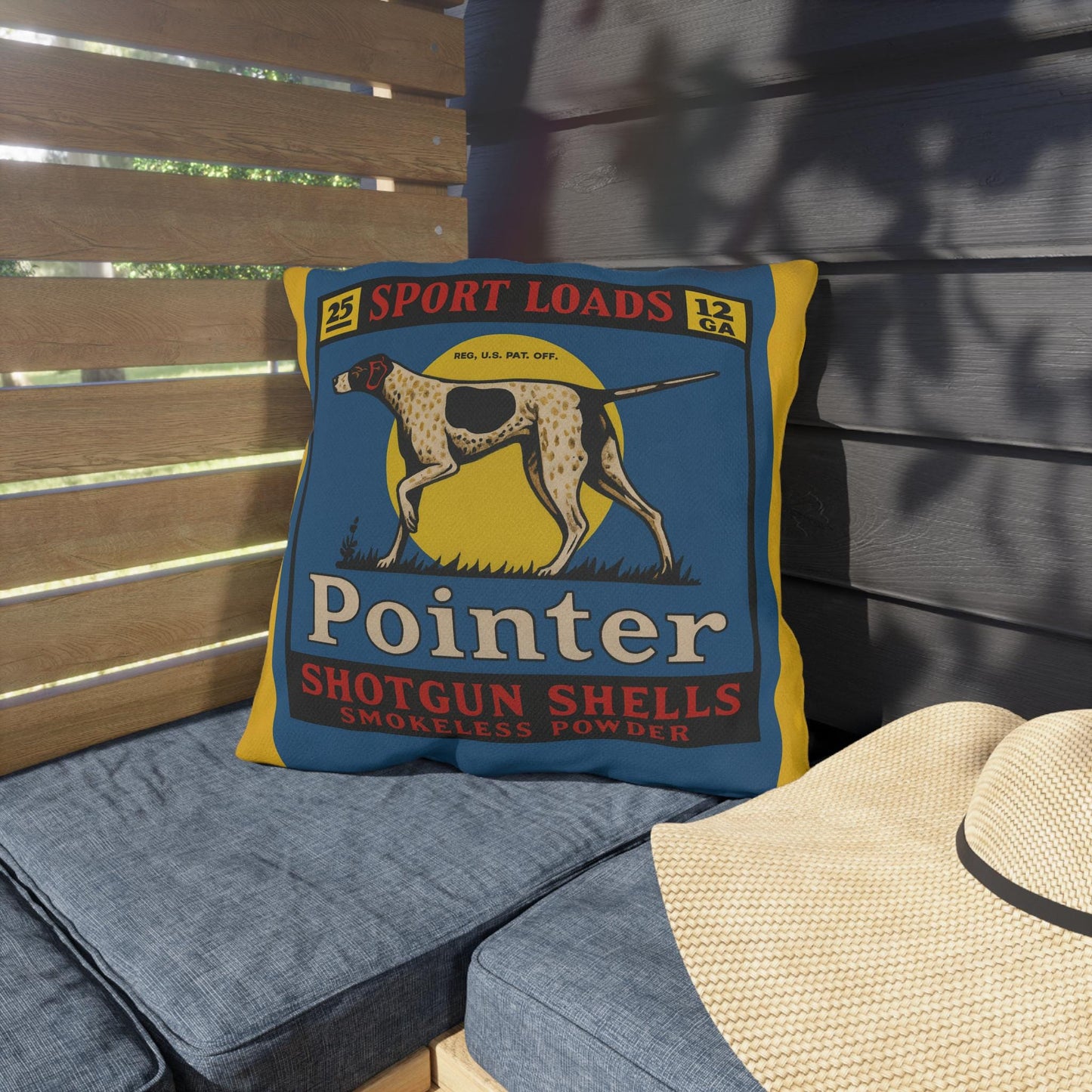 Shotgun Shell Box Outdoor Pillow, Cabin Decor, Man Cave Throw Pillow, Hunting Lodge Cushion, Rustic Home Accent