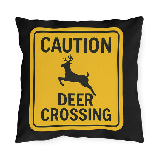 Outdoor Pillows - Deer Crossing Sign Throw Pillow for Hunting Lodge or Cabin, Wildlife Decor, Rustic Home Accent, Forest Theme Cushion,
