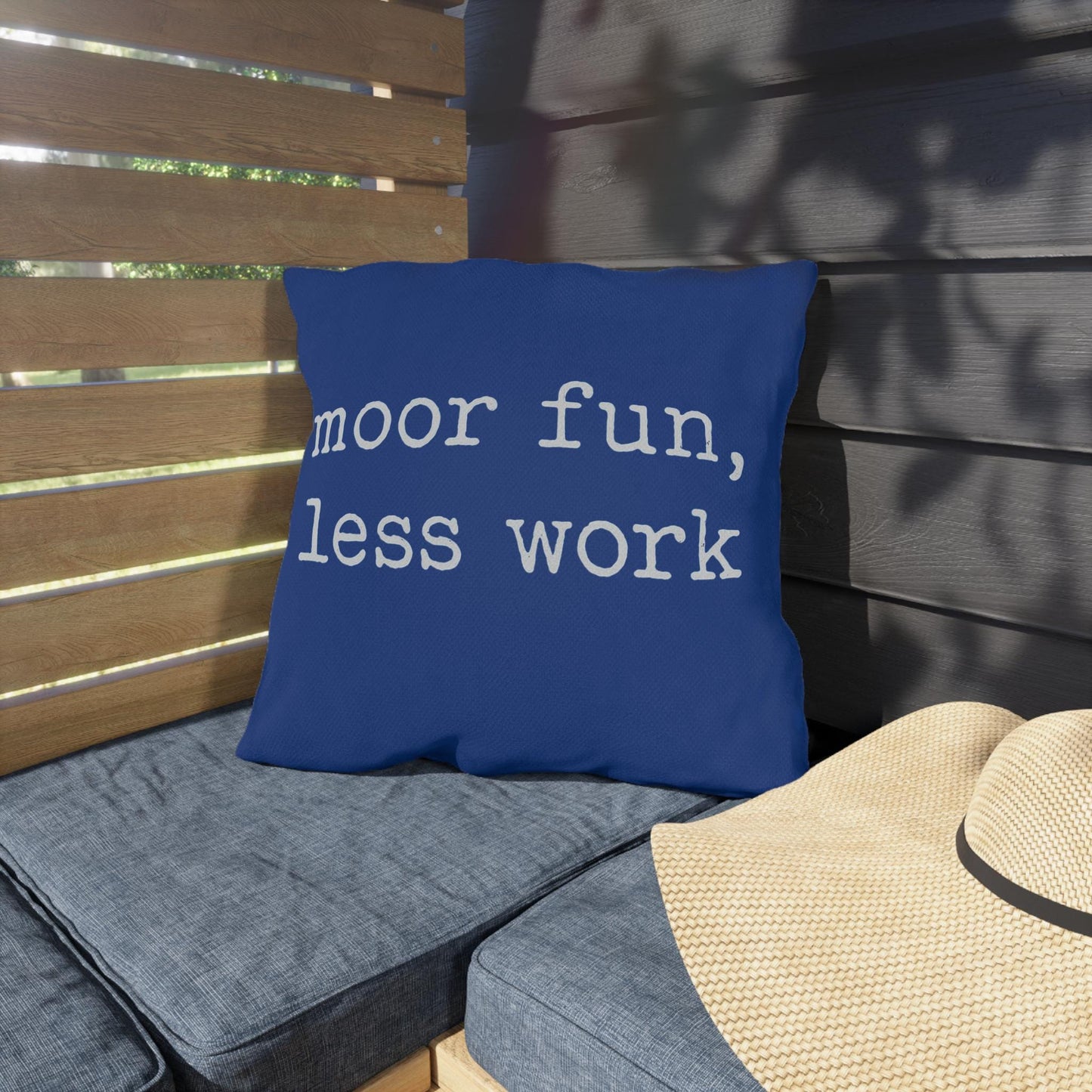 Nautical Outdoor Pillows, Funny Saying, Boat Decor, Yacht Cushions, Moor Fun Less Work Pillow
