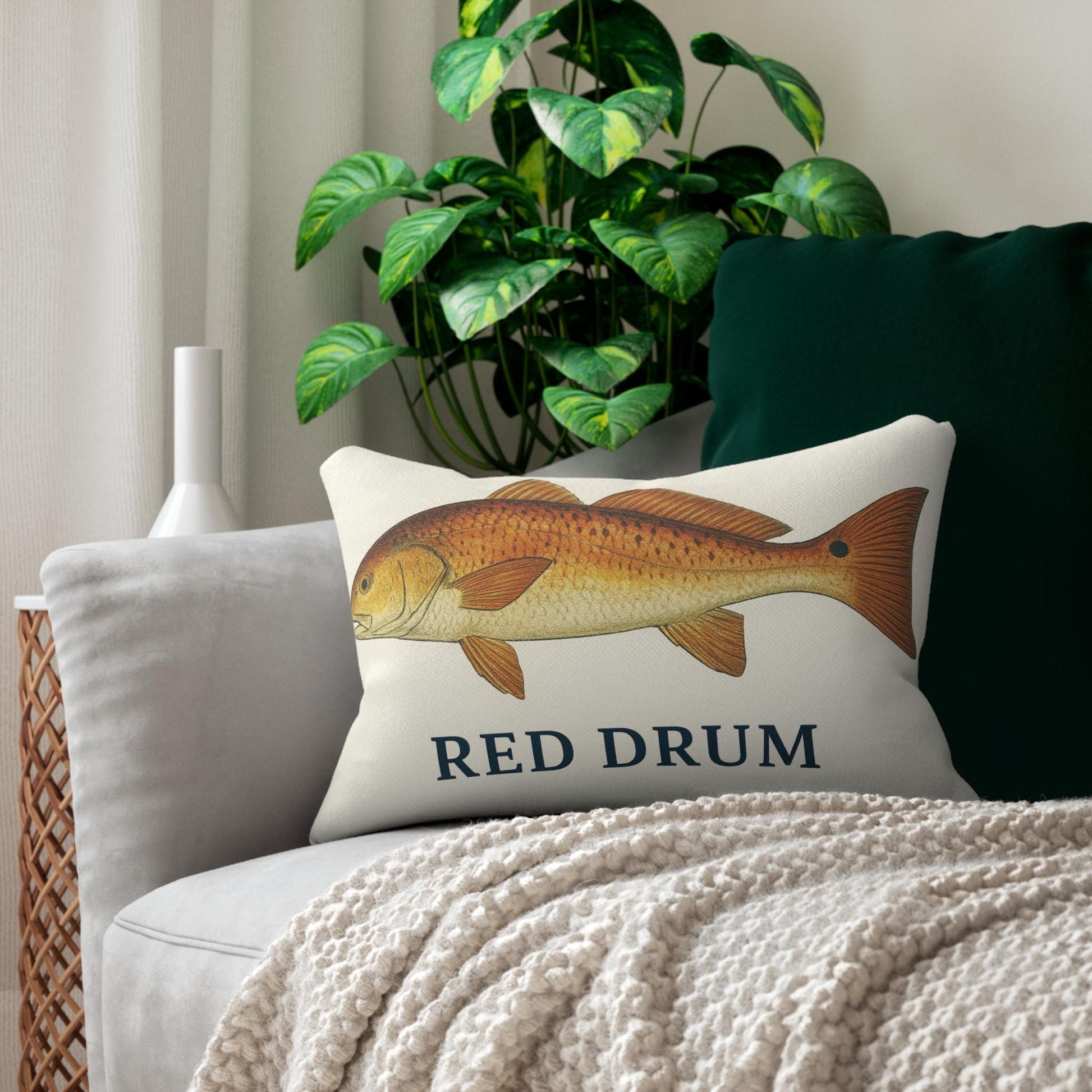 Red Drum Fish Lumbar Pillow - Coastal Nautical Theme Decor, Fishing Pillow for Fisher, Reel Deal Home Accent, Spun Polyester Cushion, Ocean