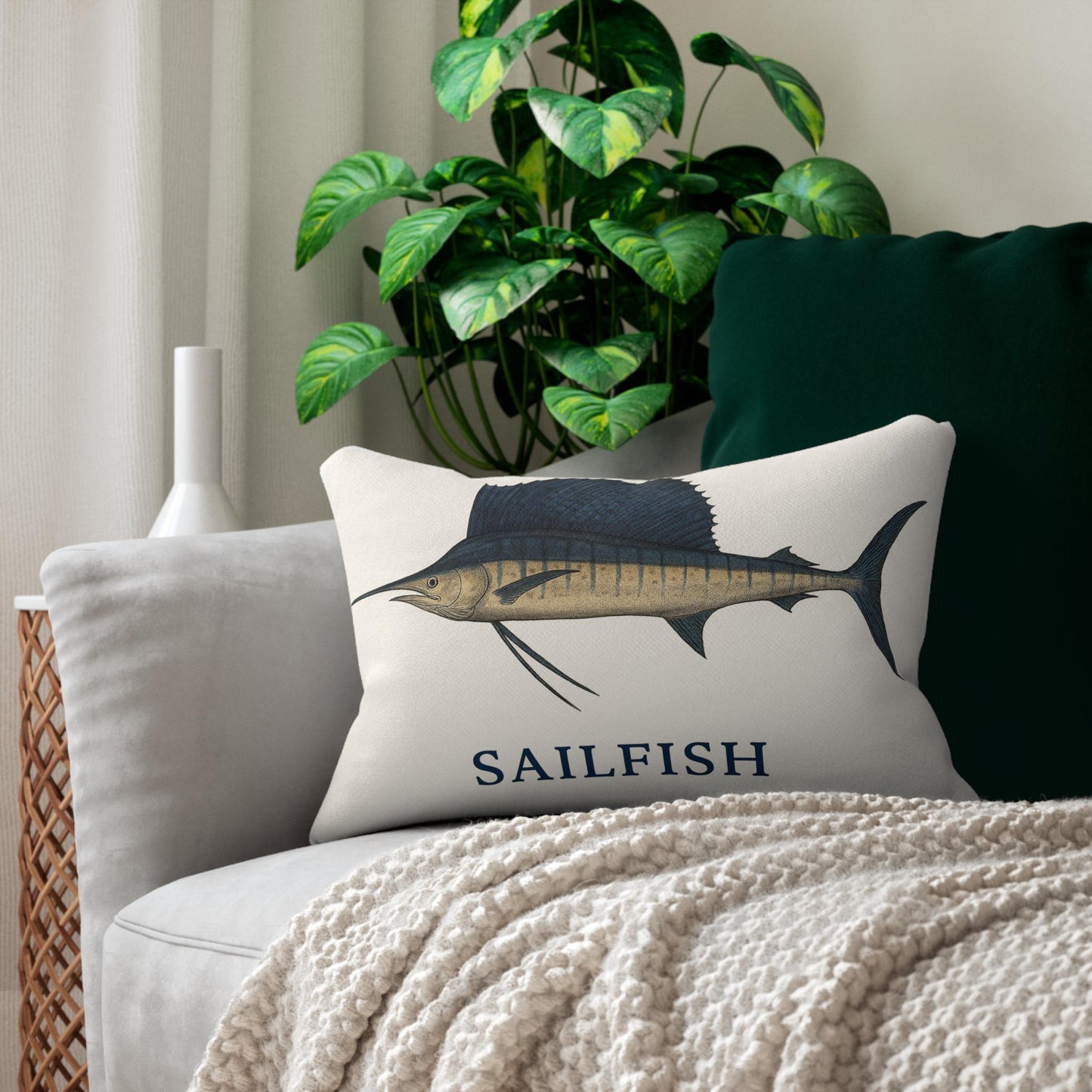 Sail Fish Lumbar Pillow, Coastal Fishing Decor, Boat Pillow, Nautical Theme Cushion, Fisherman Gift, Polyester Throw Pillow
