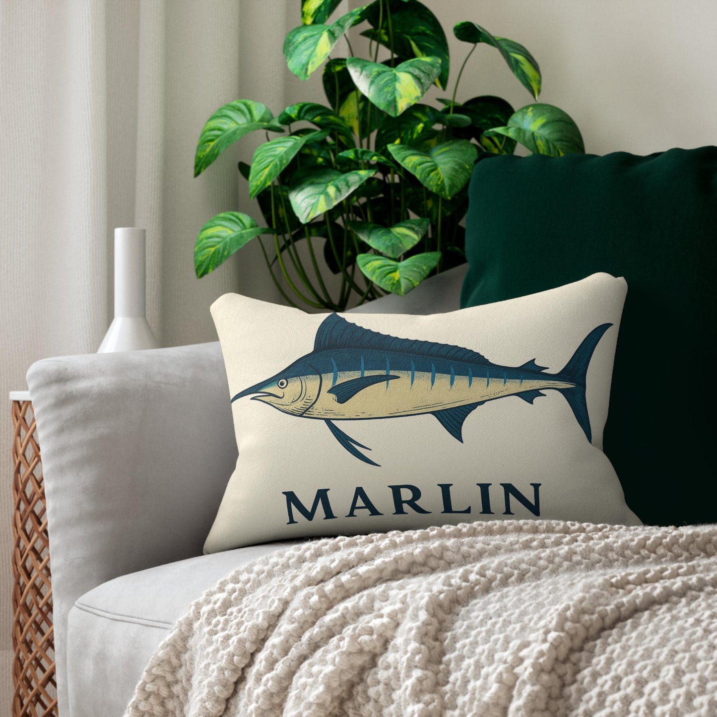 Marlin Lumbar Pillow, Coastal Decor, Ship Decoration, Fishing Enthusiasts, Saltwater Fish Pillow, Nautical Cushion