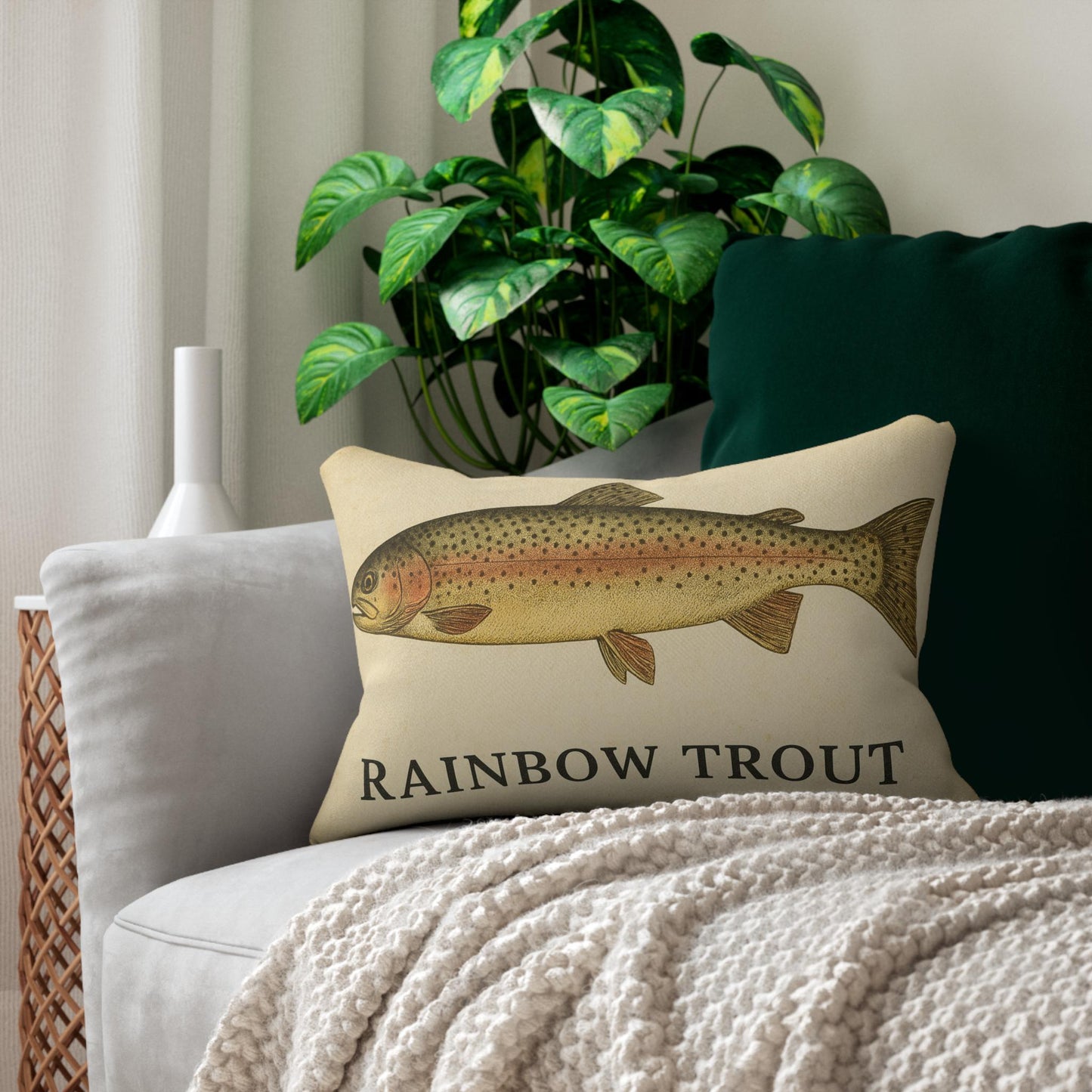 Fish Pillow, Rainbow Trout Cabin Decor Cushion, Outdoor Lifestyle Lumbar Cushion, Fishing Gift Home Accent, Catch of the Day Throw Pillow,